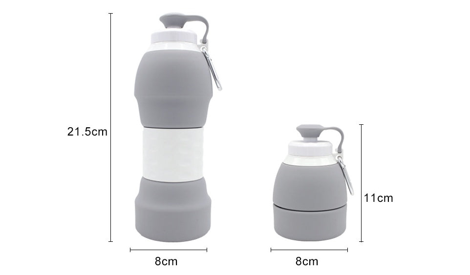 Collapsible gray water bottle with measurements on a white background