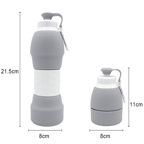 Collapsible gray water bottle with measurements on a white background