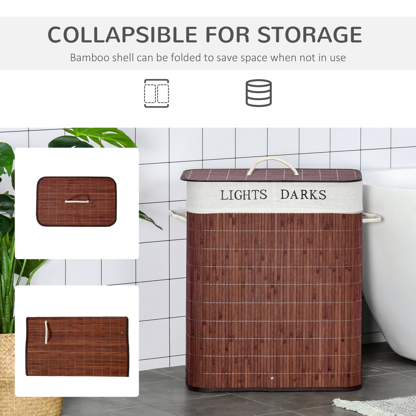 Collapsible laundry basket with wooden design and text 'Lights Darks' in a bathroom setting.