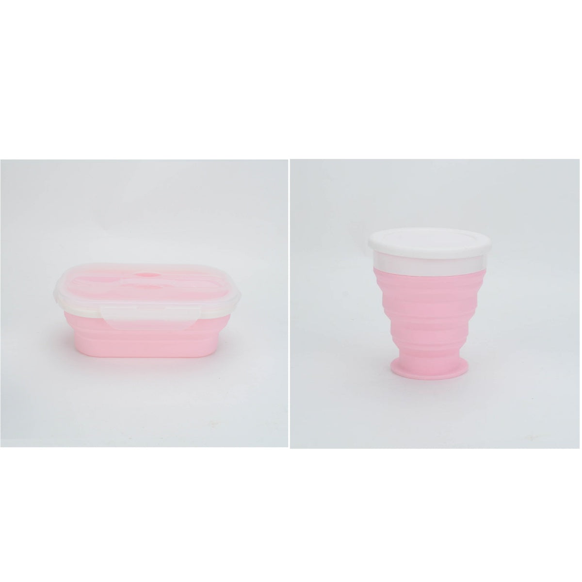 Collapsible pink silicone cup on a white background