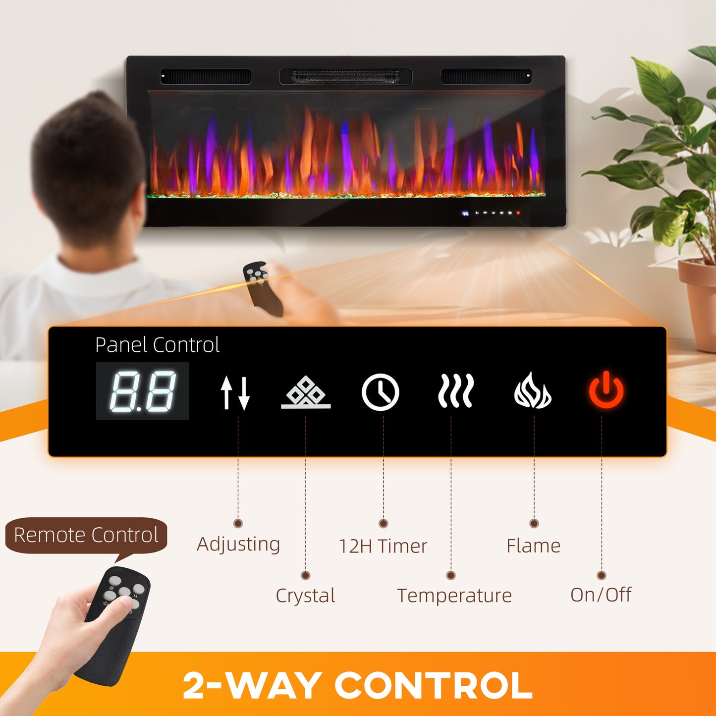 Control panel of a wall-mounted electric fireplace with digital display and remote control.