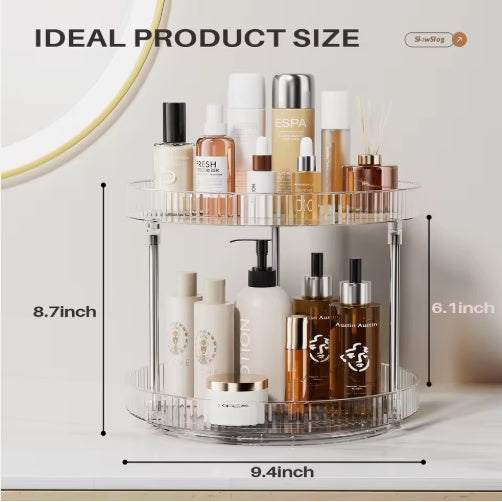 Cosmetic organizer with skincare products and dimensions labeled on a neutral background