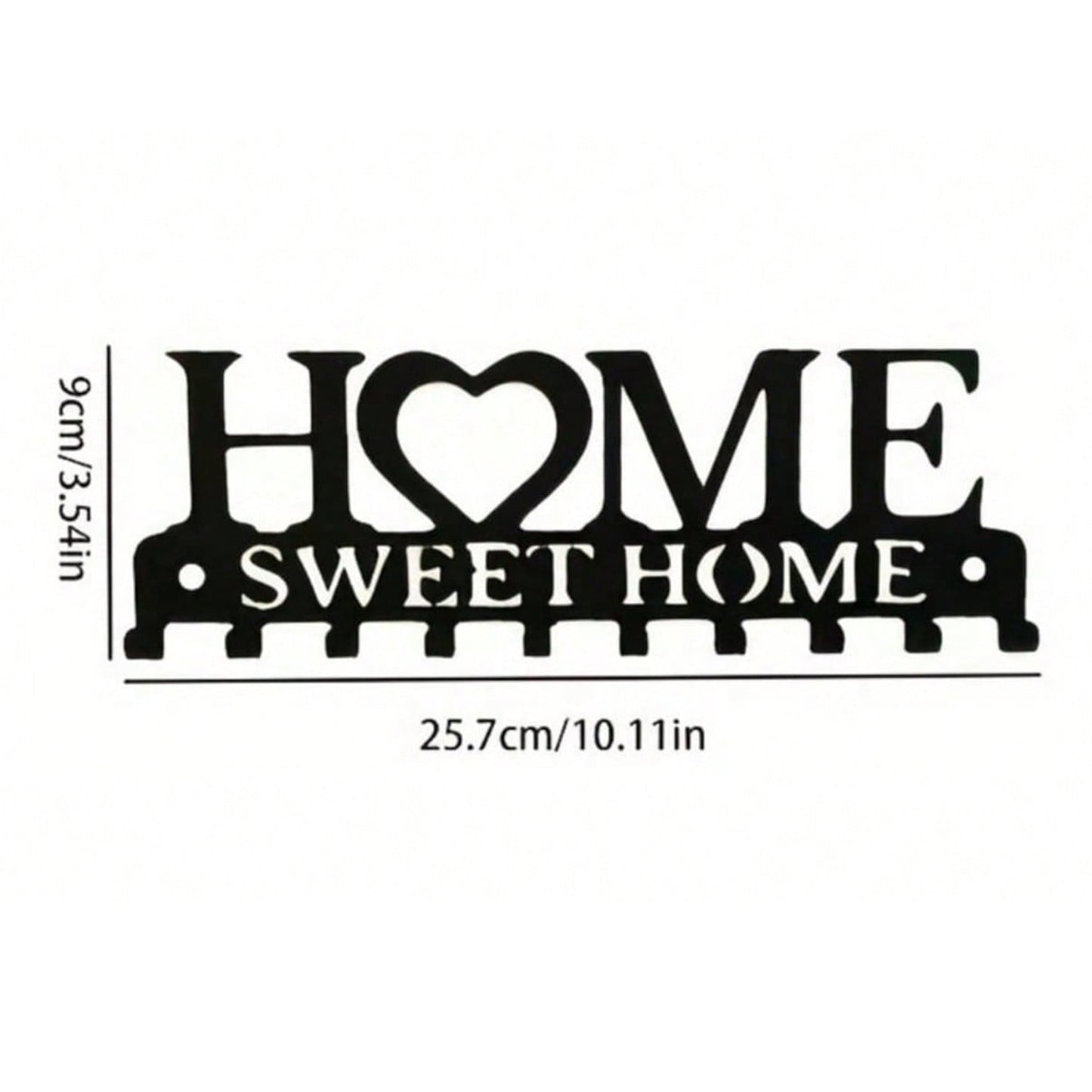 Decorative sign with 'HOME SWEET HOME' text and measurements on a white background