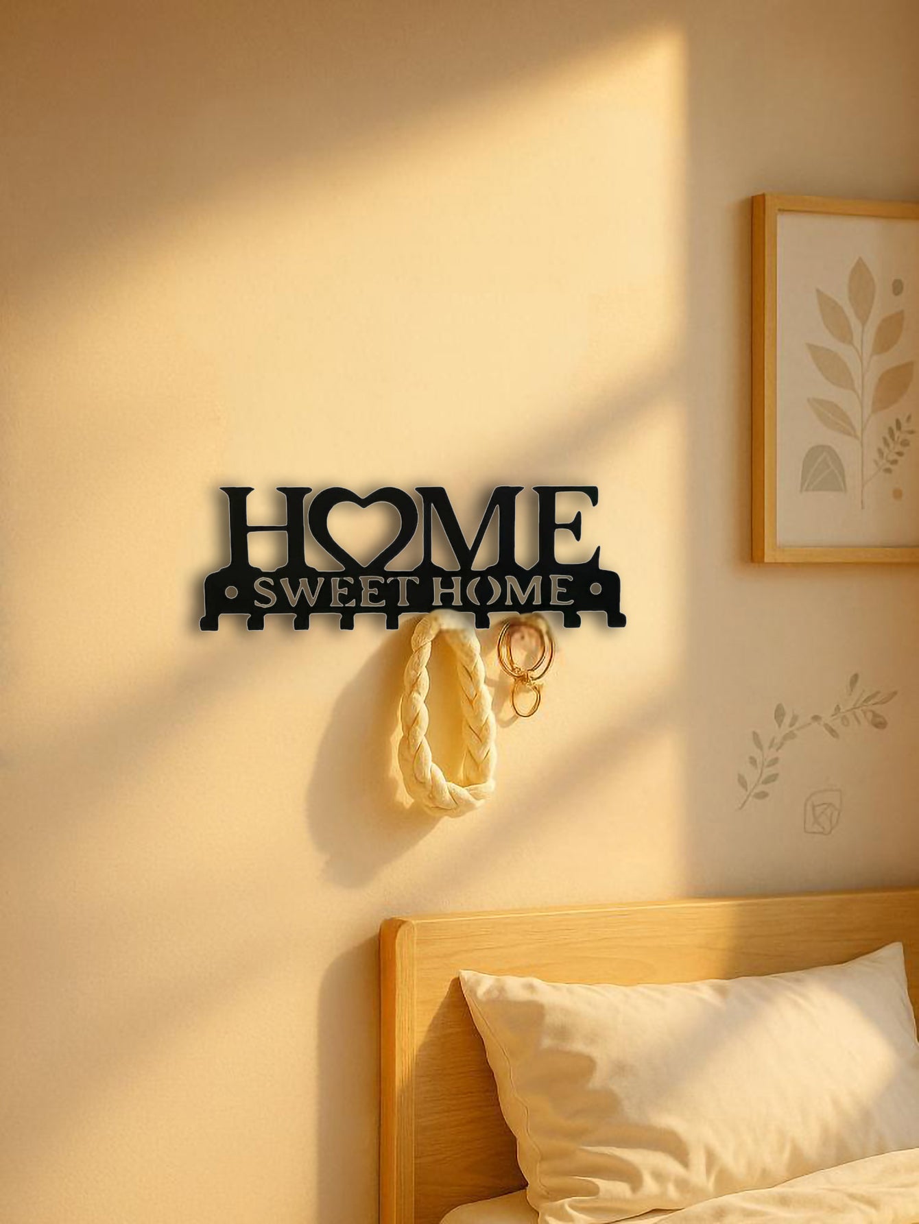 Decorative wall art with 'HOME SWEET HOME' on a wall in a bedroom.