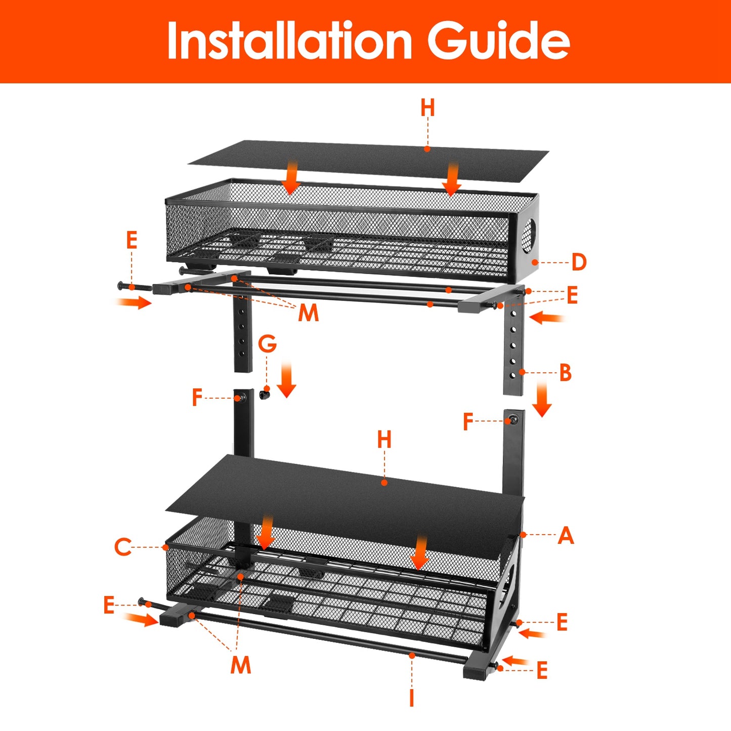 Diagram of a metal rack with labeled parts and an 'Installation Guide' title.