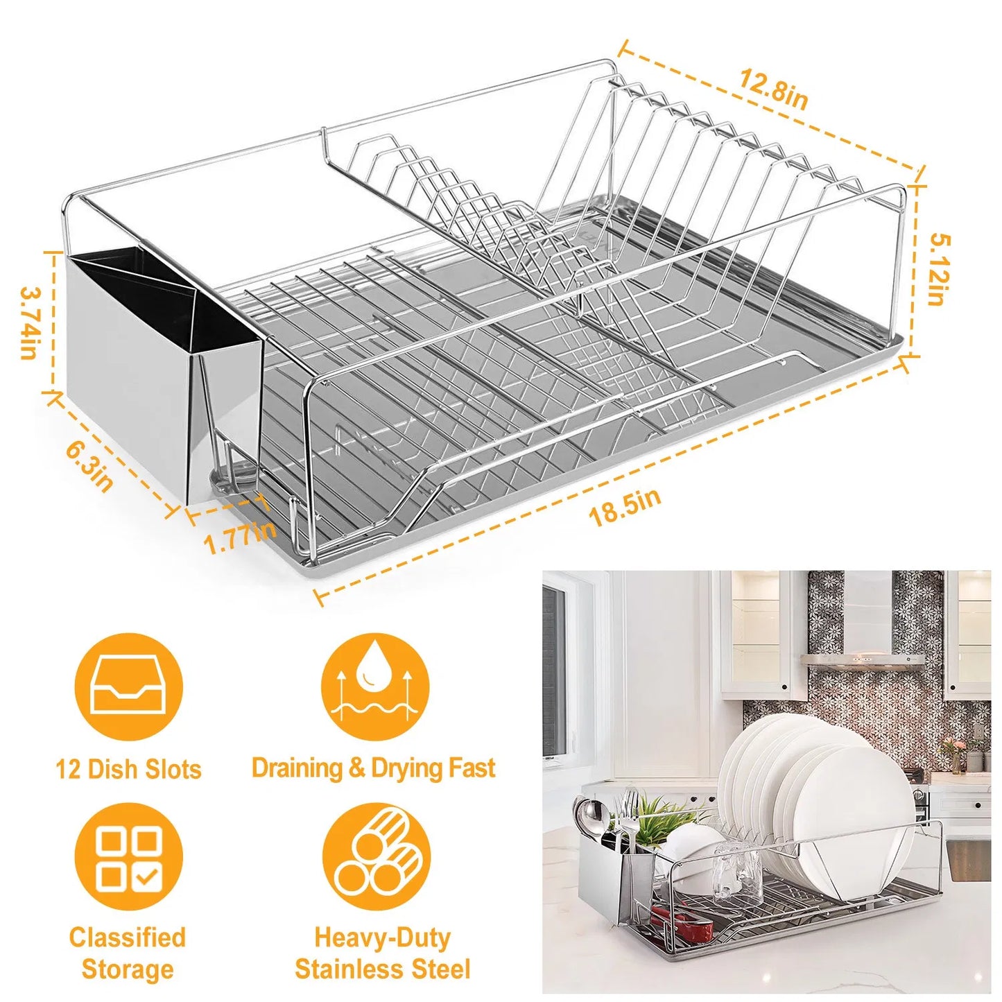 Dish drying rack with dimensions and features on a white background