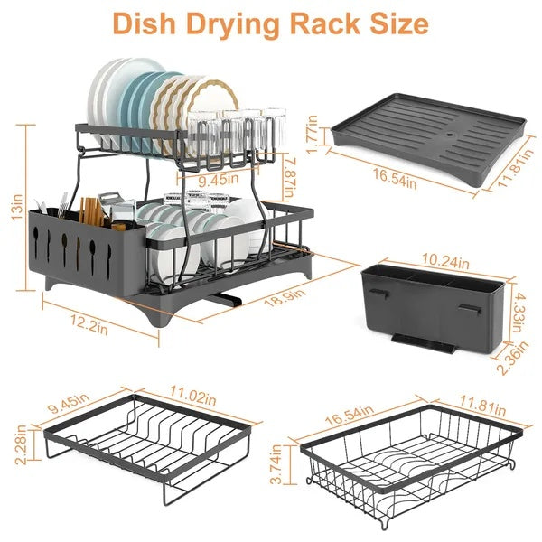 Dish drying rack with dimensions labeled on a white background