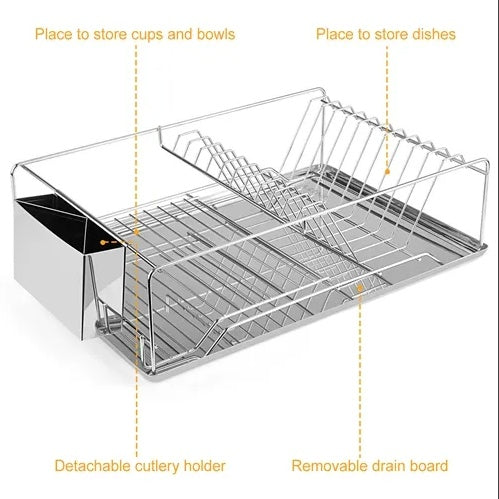 Dish rack with labeled features on a white background