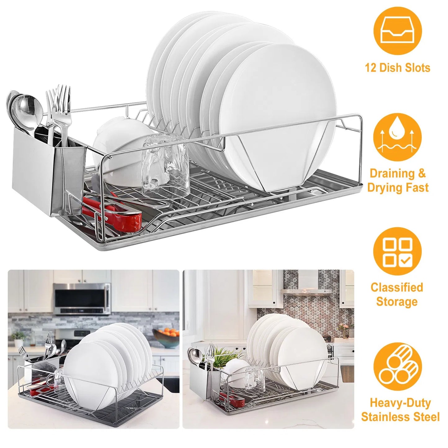 Dish rack with white plates and utensils, featuring text on benefits.
