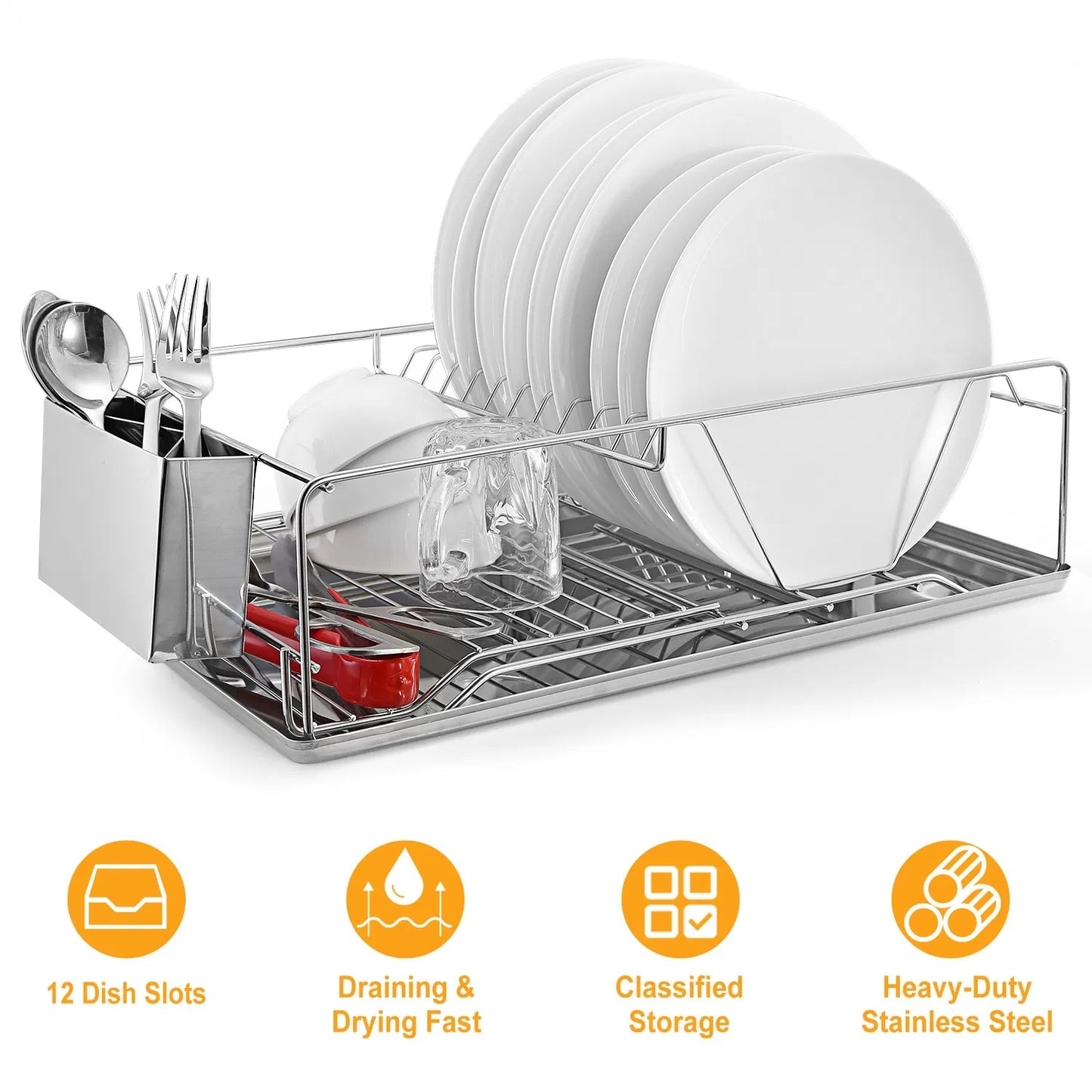 Dish rack with white plates, cutlery, and glasses on a white background