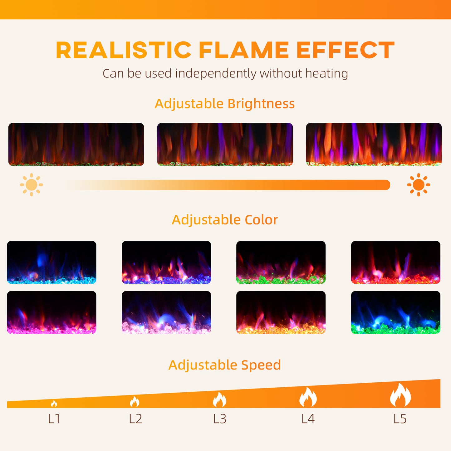 Display of a realistic flame effect with adjustable brightness, color, and speed on a white background.