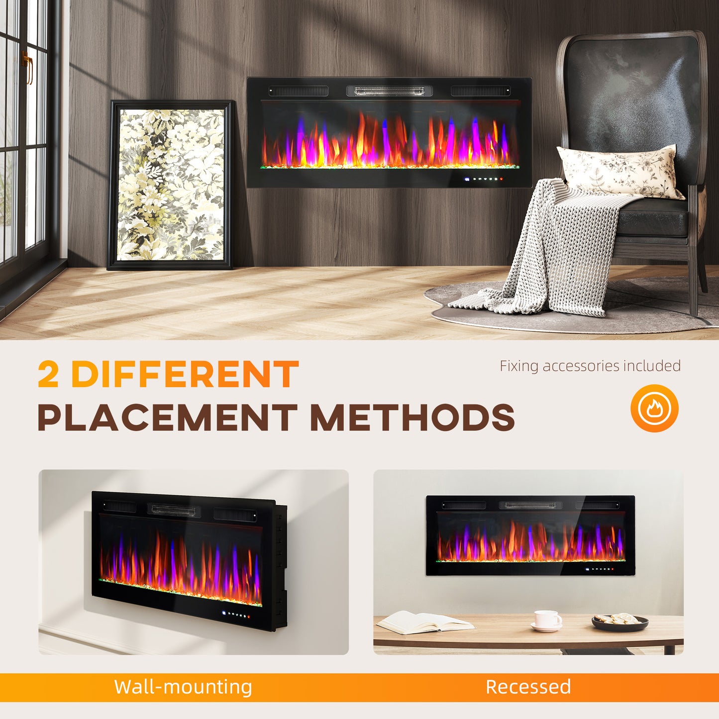Electric fireplace with two placement methods shown, wall-mounting and recessed, in a living room setting.
