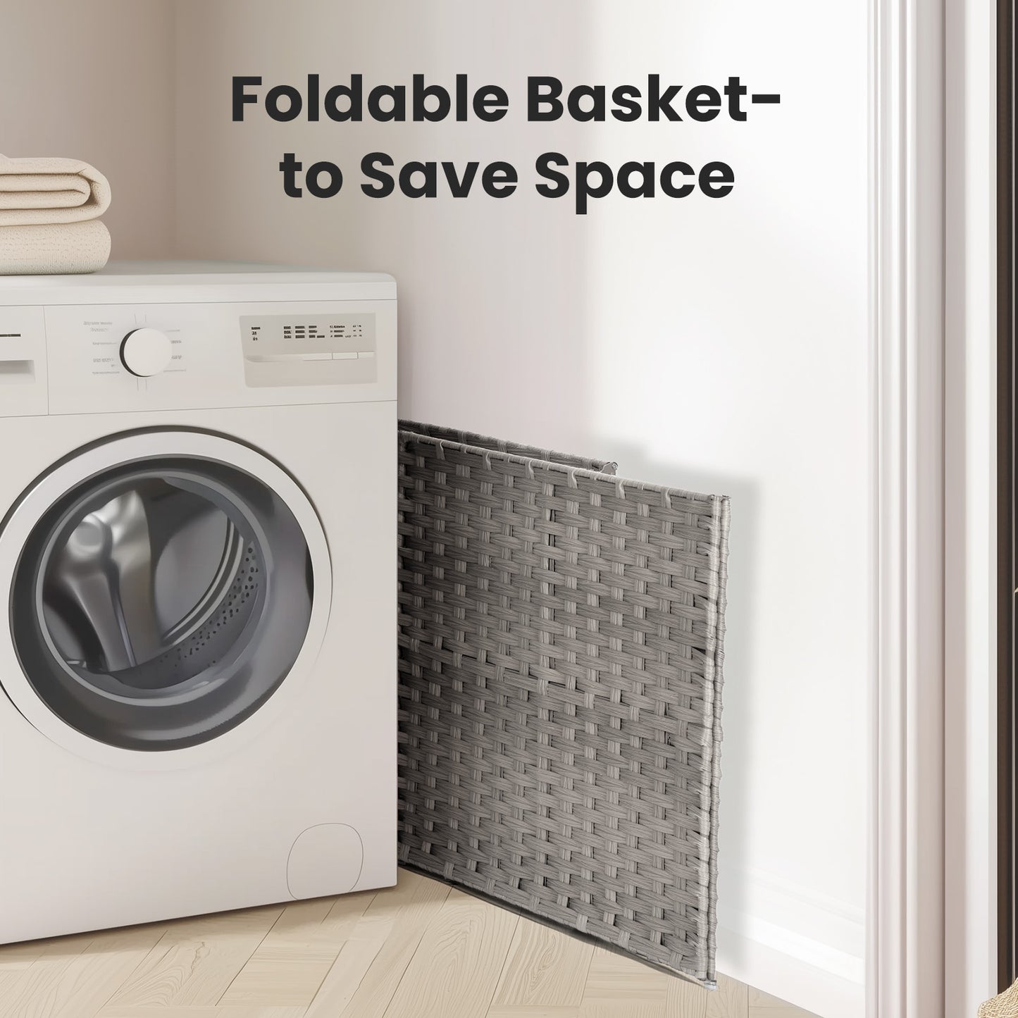 Foldable basket next to a washing machine with text 'Foldable Basket - to Save Space'.