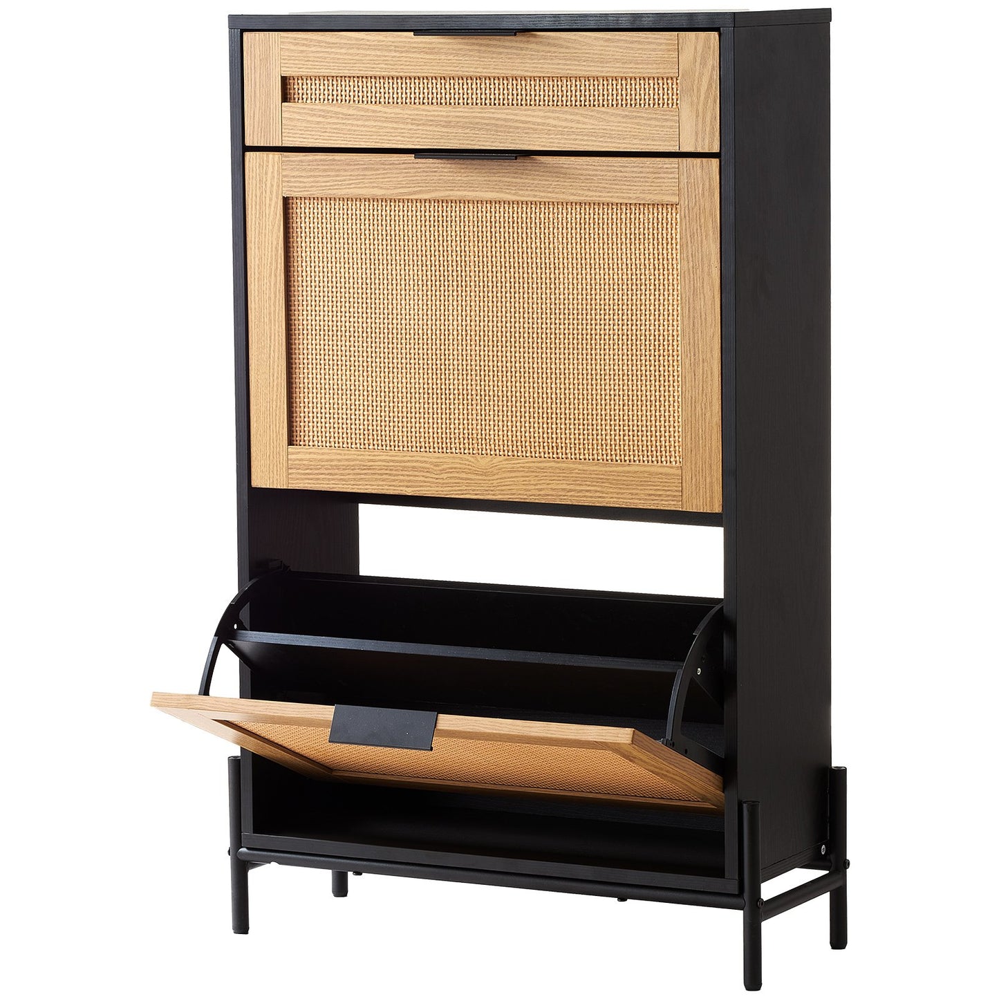 Furniture piece with black frame and wooden doors on a white background