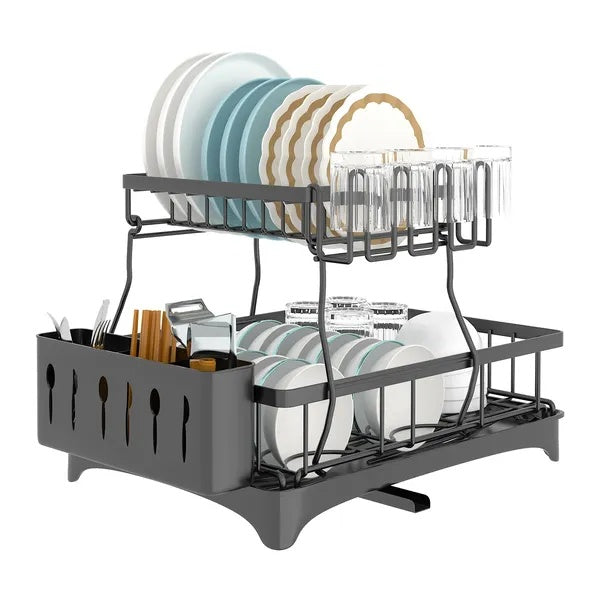 Gray dish rack with plates, glasses, and utensils on a white background
