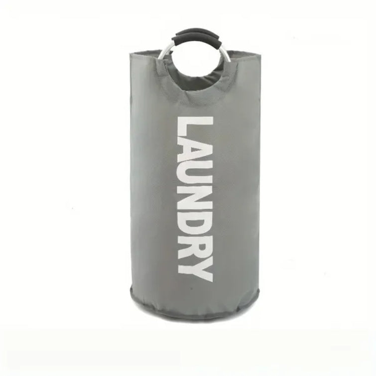 Gray laundry bag with 'LAUNDRY' text on a white background