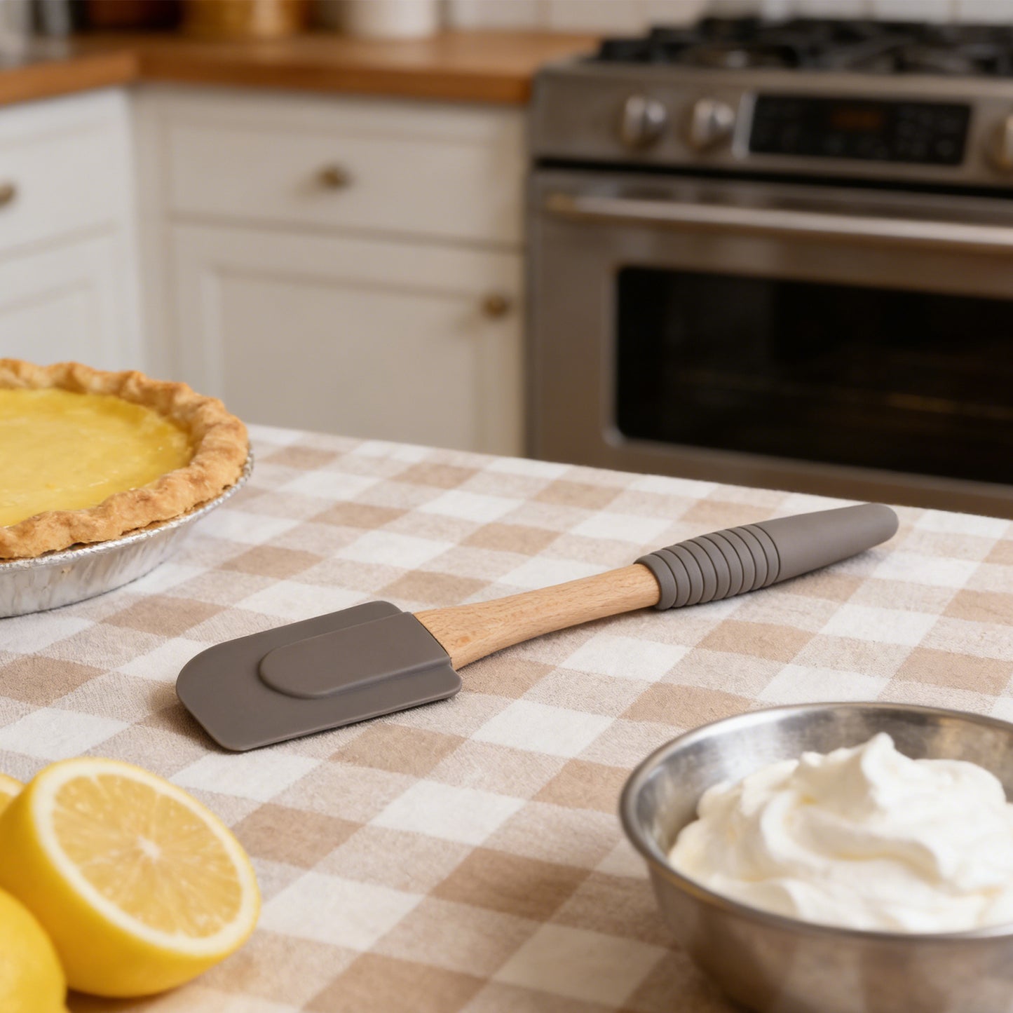 Gray spatula with wooden handle on a checkered tablecloth in a kitchen setting with a pie, lemons, and whipped cream.
