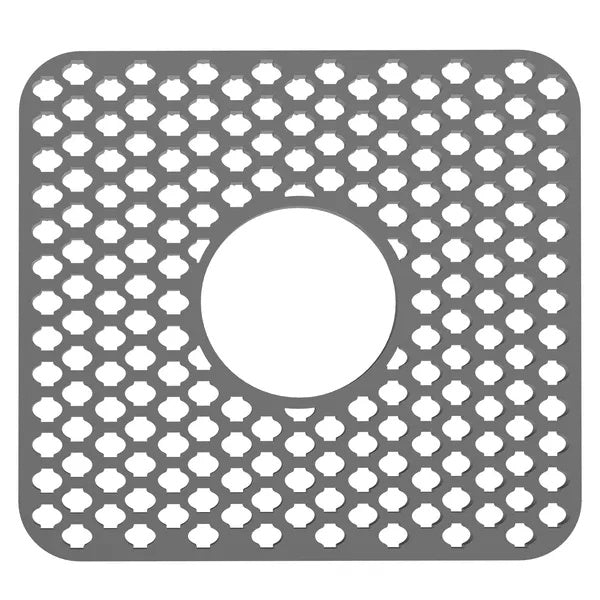 Gray square drain cover with circular center on a white background