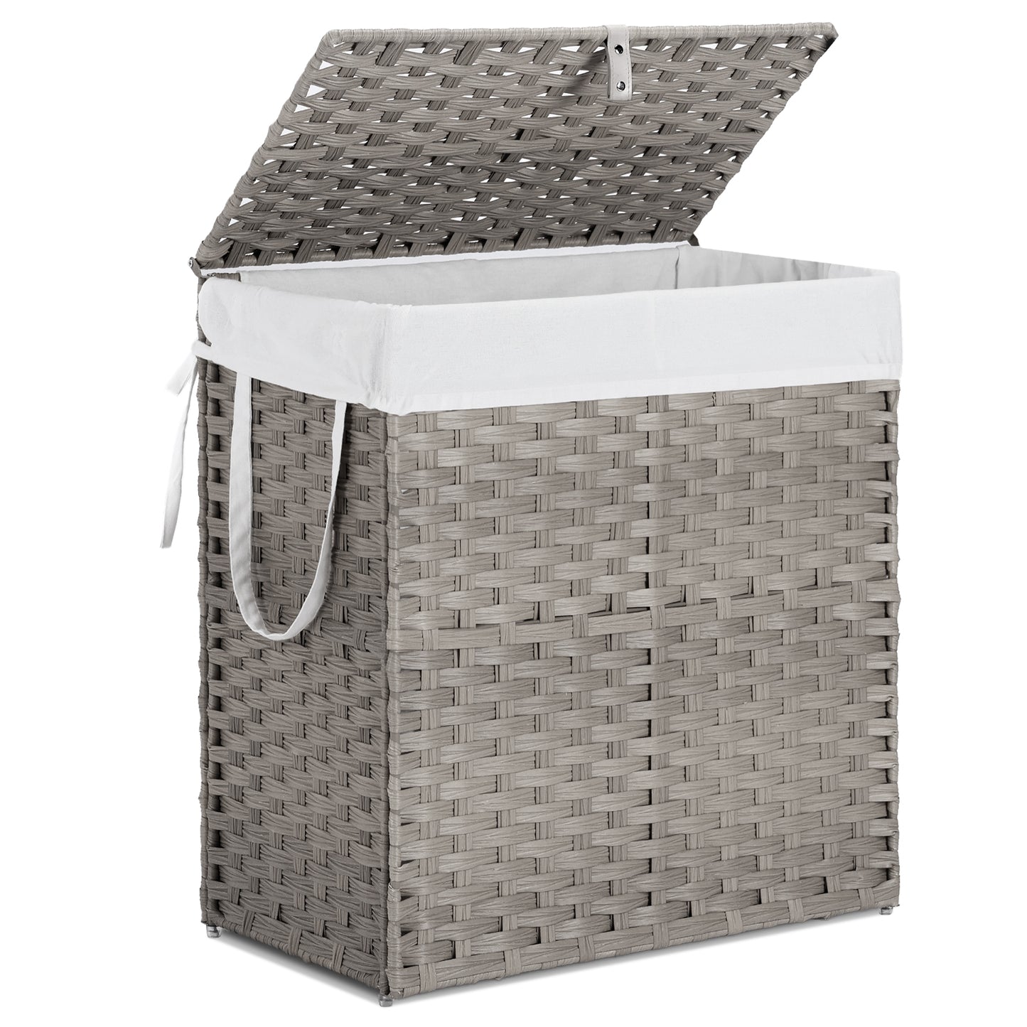 Gray woven laundry basket with a white liner on a white background