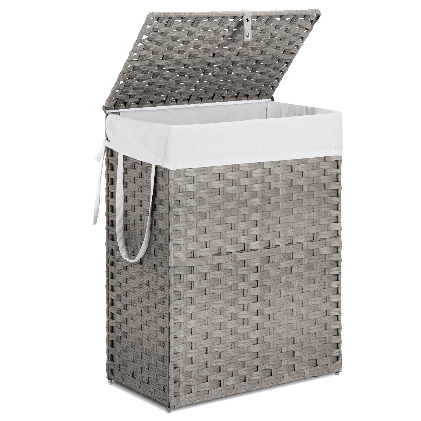 Gray woven laundry basket with a white liner on a white background
