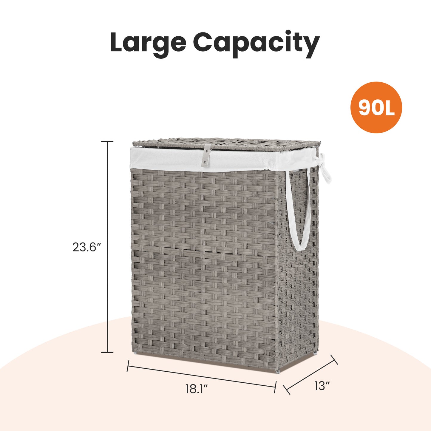 Gray woven laundry basket with dimensions and capacity label on a white background