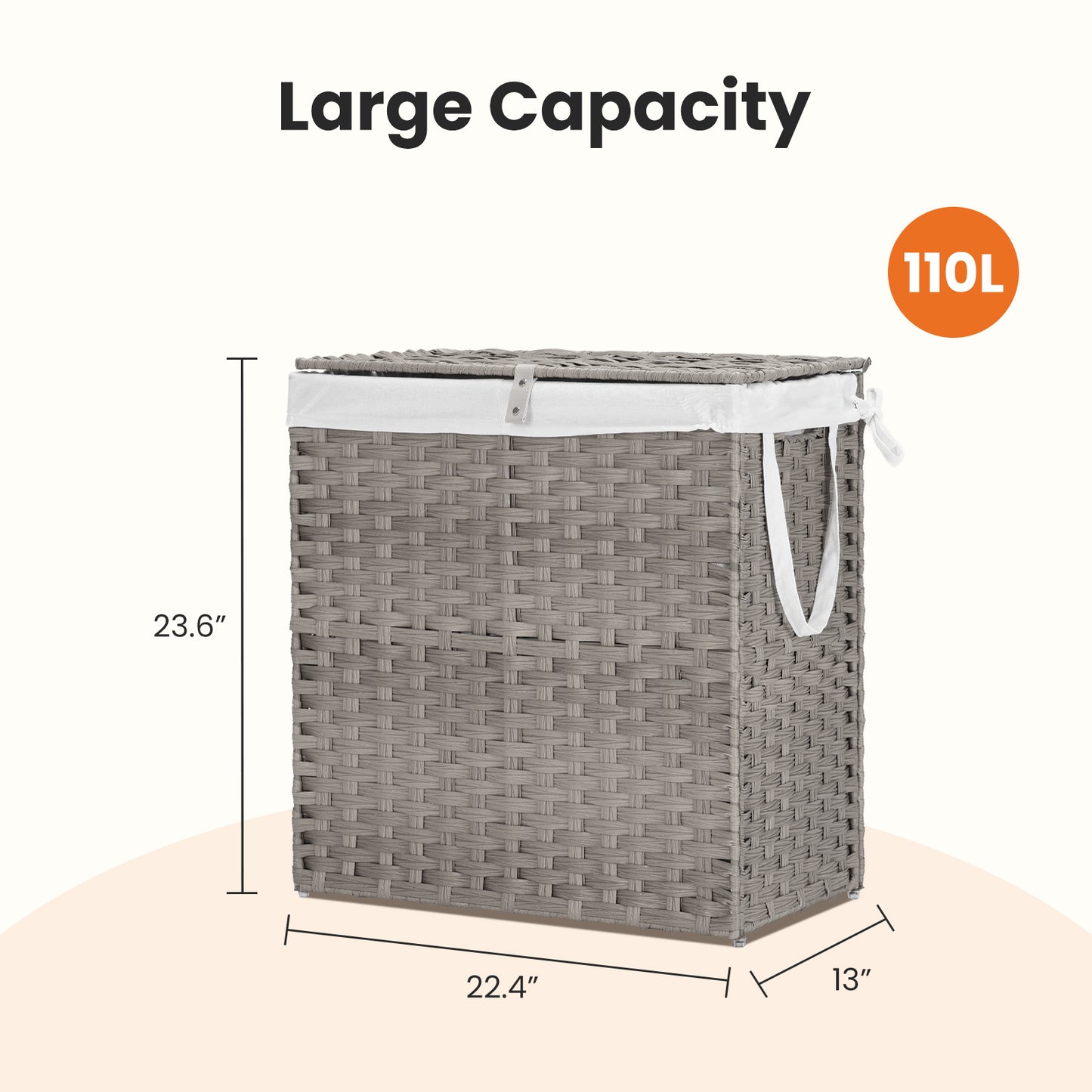 Gray woven laundry basket with white liner, dimensions, and capacity label on a beige background