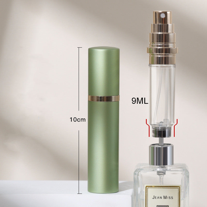 Green perfume bottle with measurement details on a neutral background