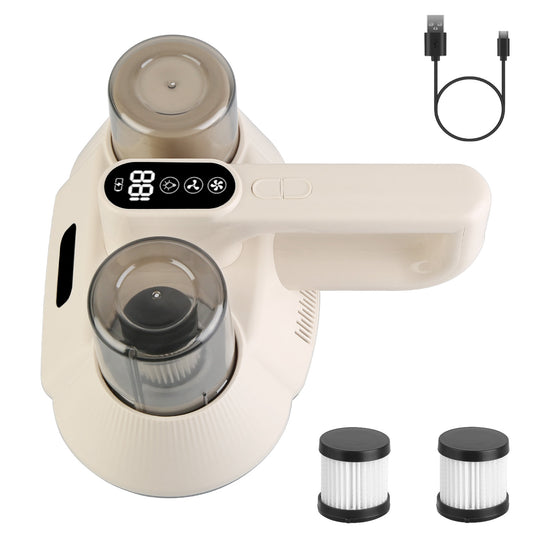 Handheld vacuum cleaner with digital display, attachments, and USB cable on a white background