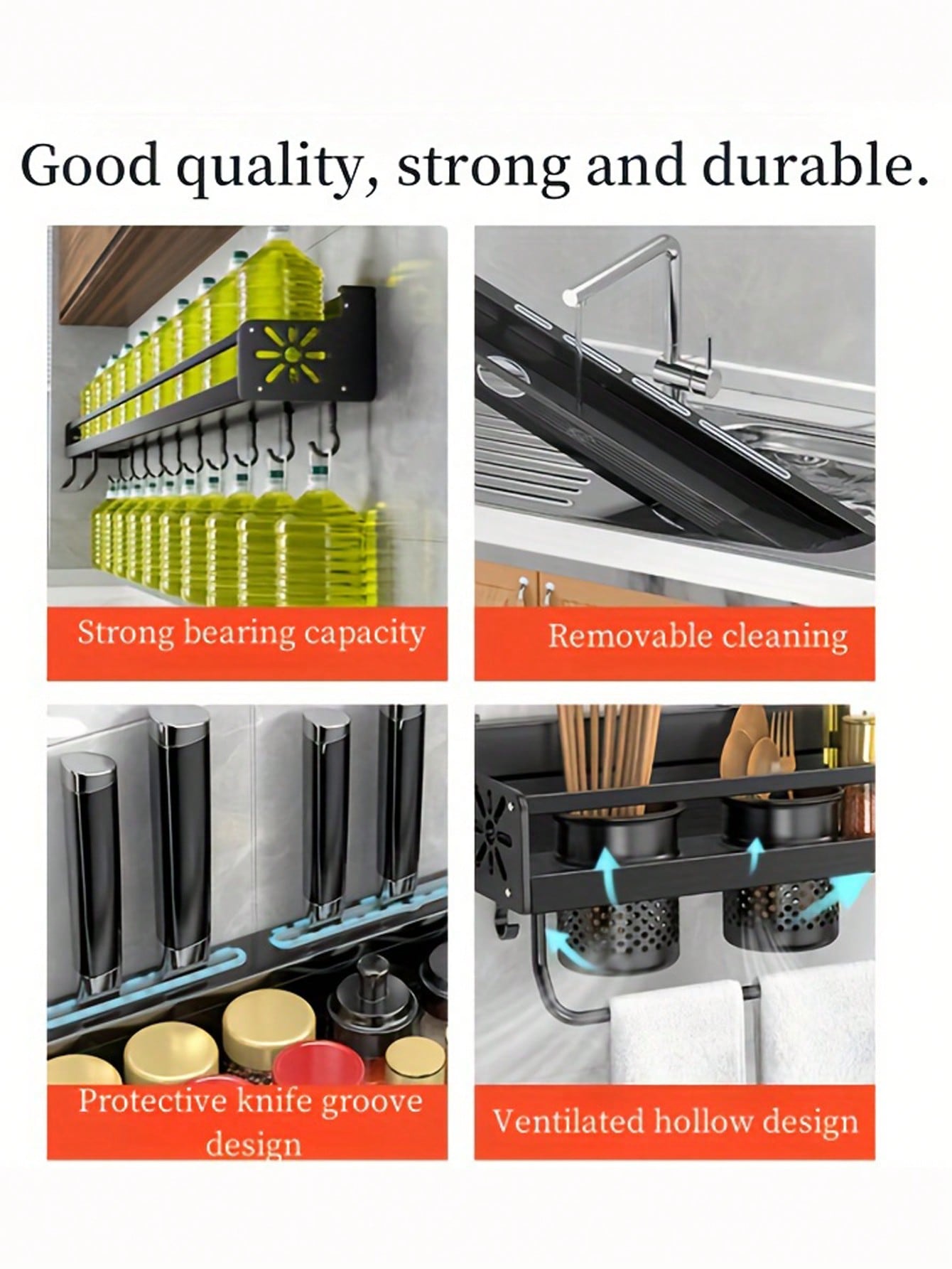 Kitchen organizer with various features highlighted on a white background