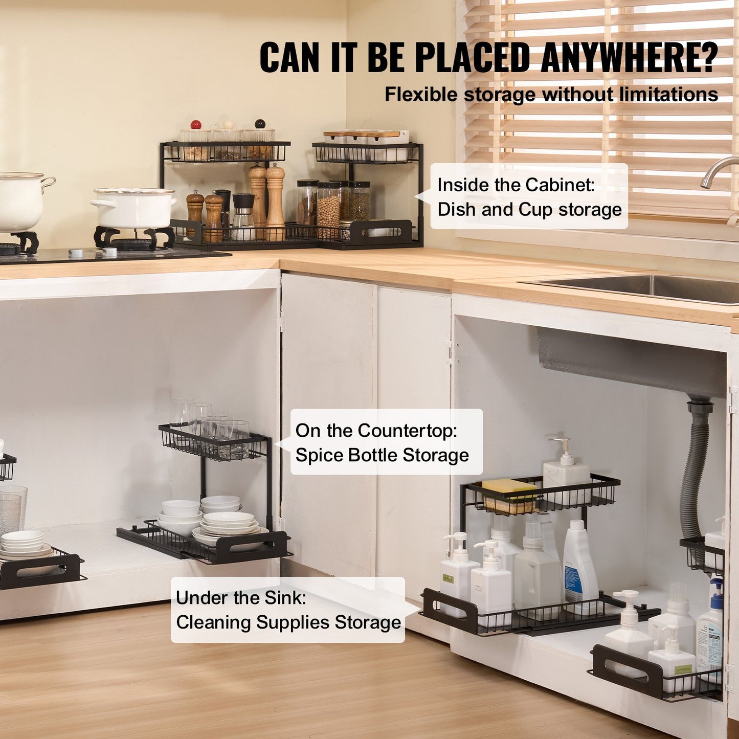 Kitchen storage solution with flexible shelves for dish, cup, spice bottle, and cleaning supplies storage.