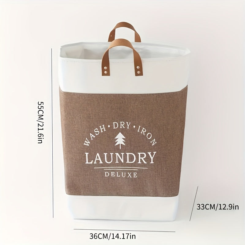 Laundry basket with brown and white design and measurements on a light gray background
