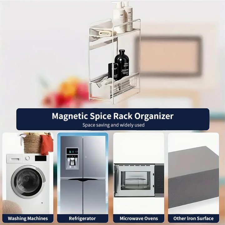 Magnetic spice rack organizer with applications on washing machines, refrigerators, microwaves, and other iron surfaces.