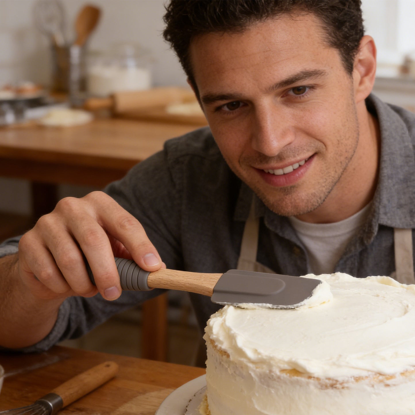 Man frosting a cake with a spatula in a kitchen setting