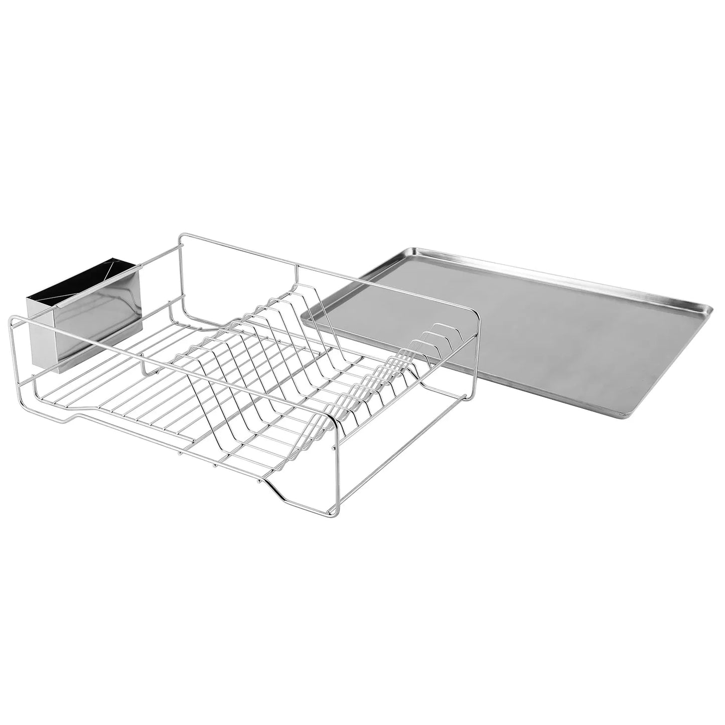 Metal kitchen sink caddy with dish rack and tray on a white background