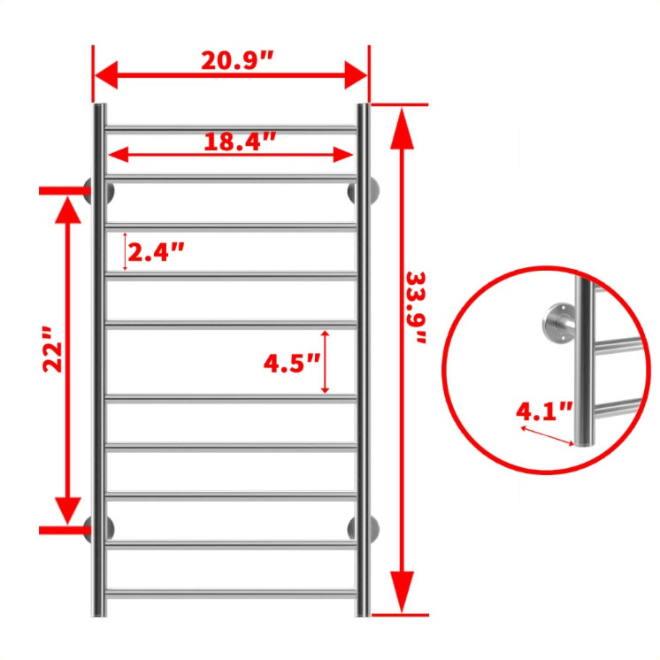 Metal towel rack with dimensions labeled on a white background