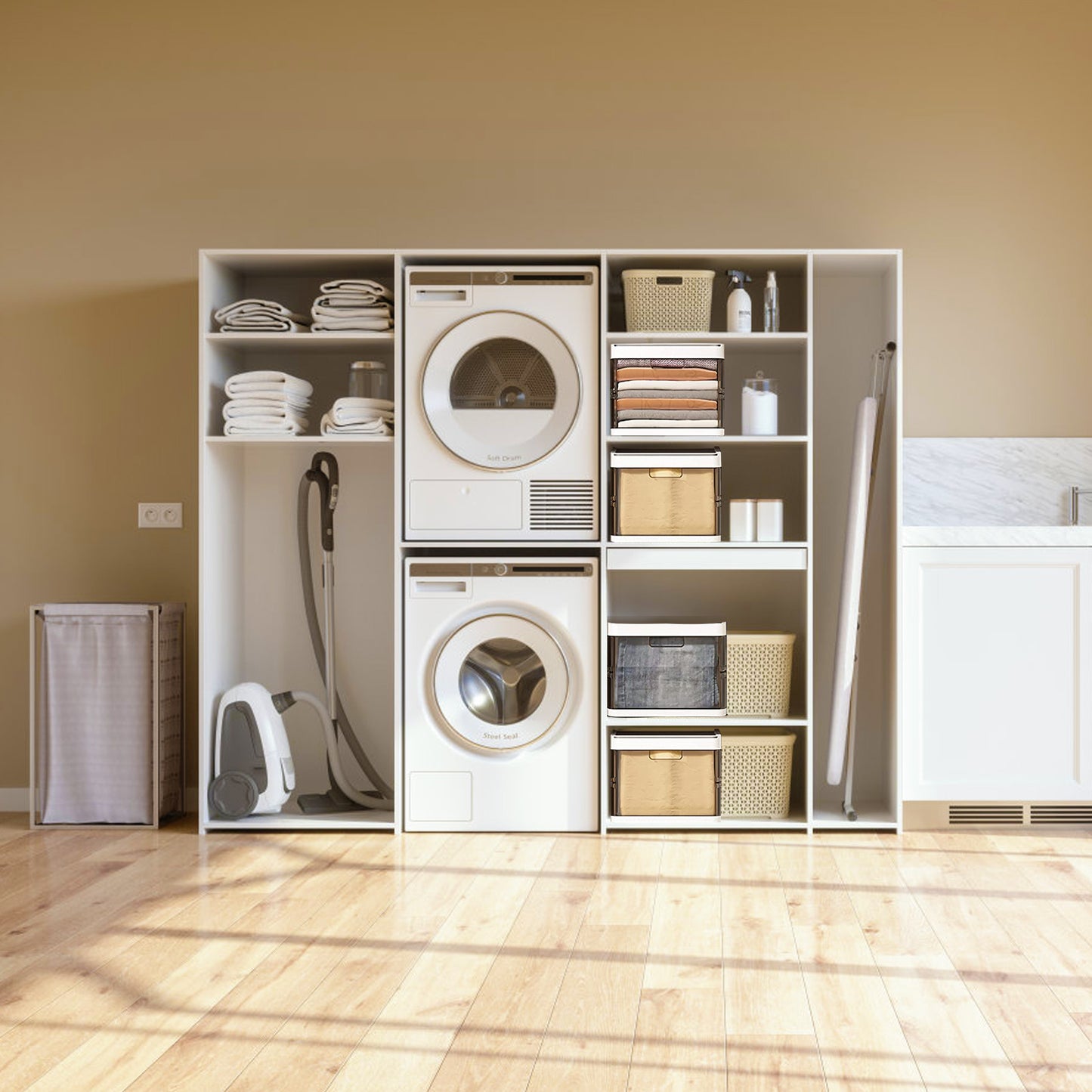 Modern laundry room with stacked washer and dryer inside a cabinet, shelves with laundry supplies on a wooden floor.