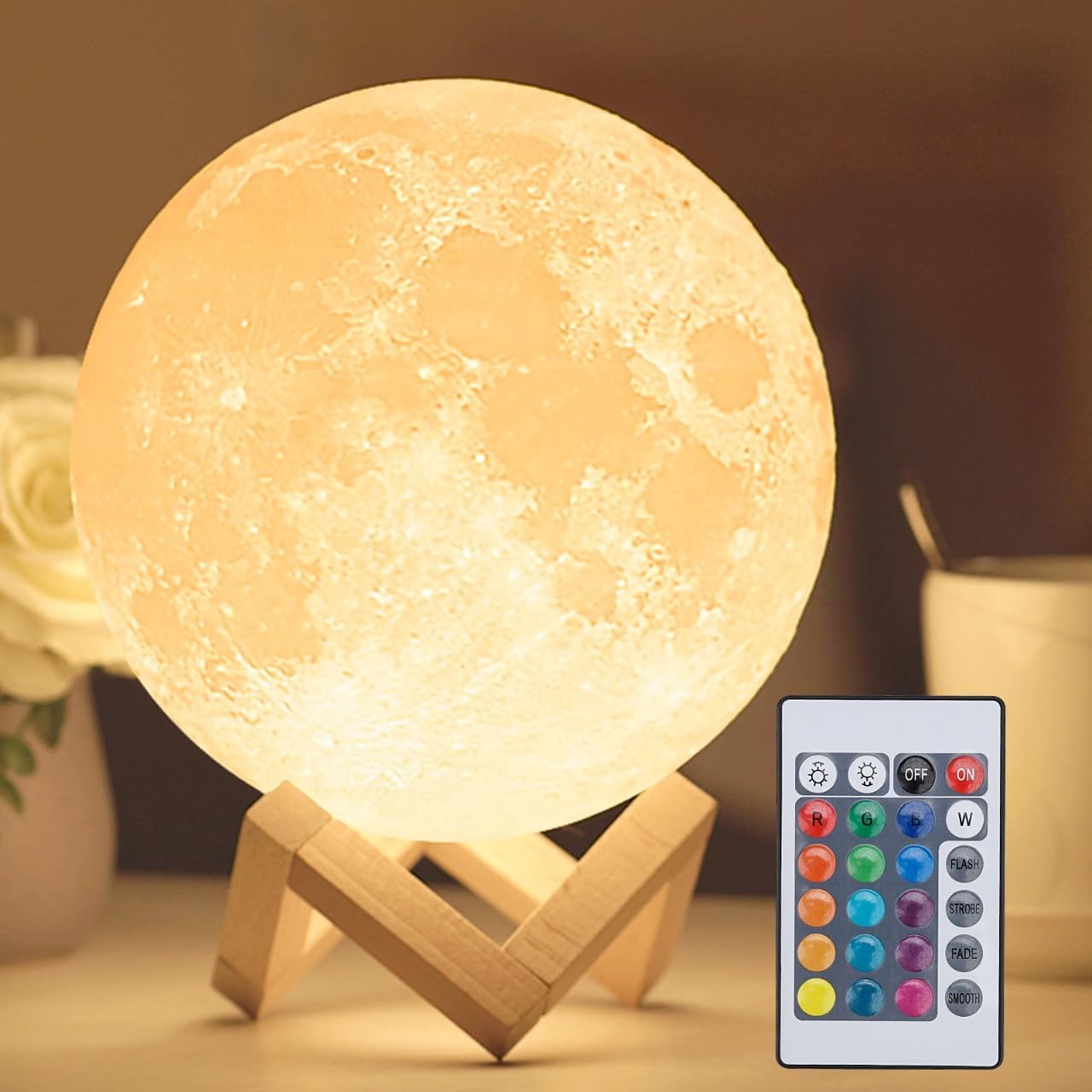 Moon-shaped lamp with remote control on a wooden stand