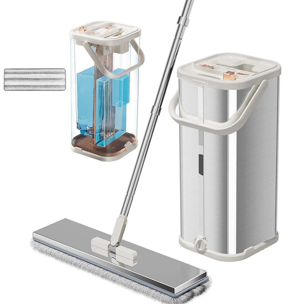 Mop and bucket set with cleaning solution on a white background