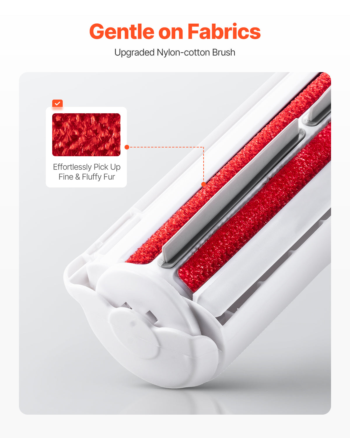 Nylon-cotton brush with red bristles on a white background, labeled 'Gentle on Fabrics'.