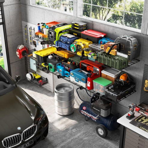Organized garage with tools and equipment on shelves and a car in the foreground.
