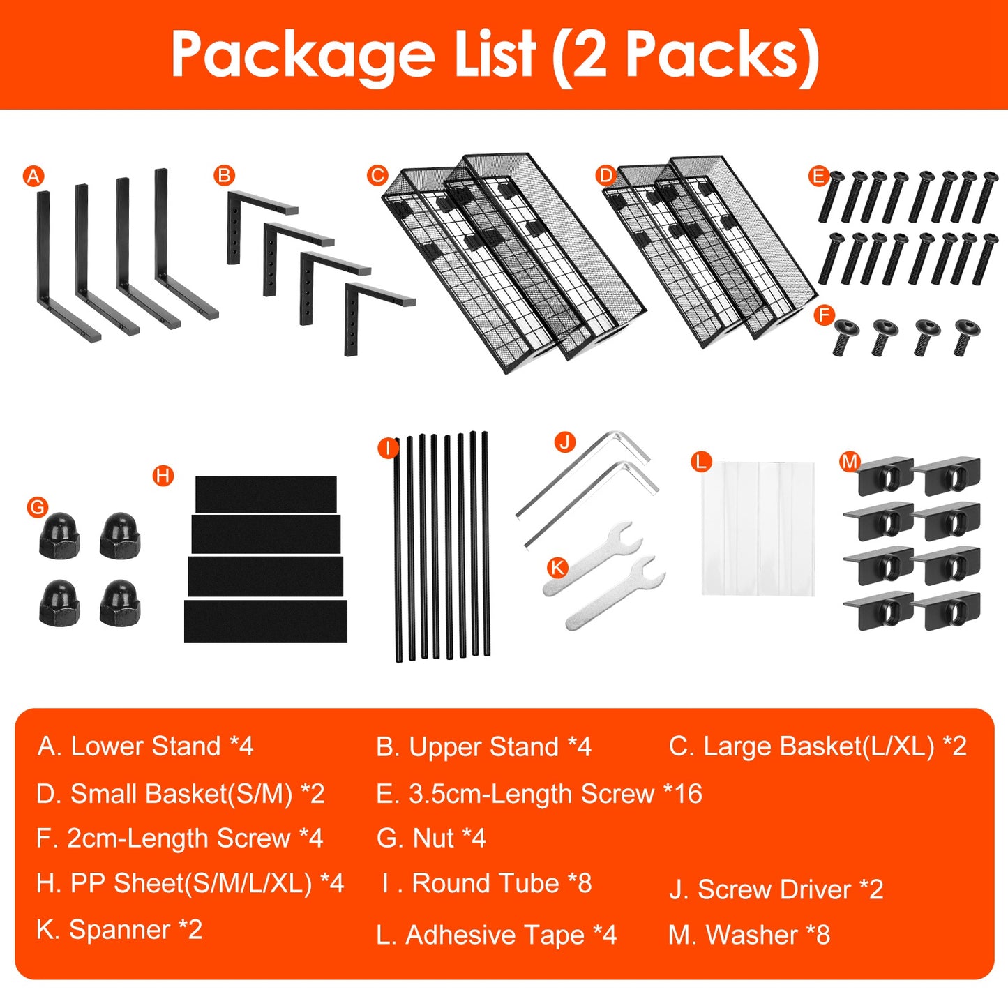 Package list for 2 packs of furniture assembly parts with components and tools on a white background.