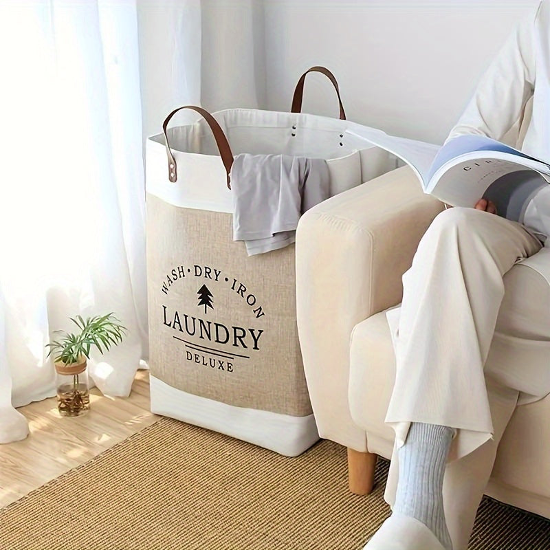 Person reading a book next to a laundry bag with 'Wash Dry Iron Laundry Deluxe' text in a cozy room.