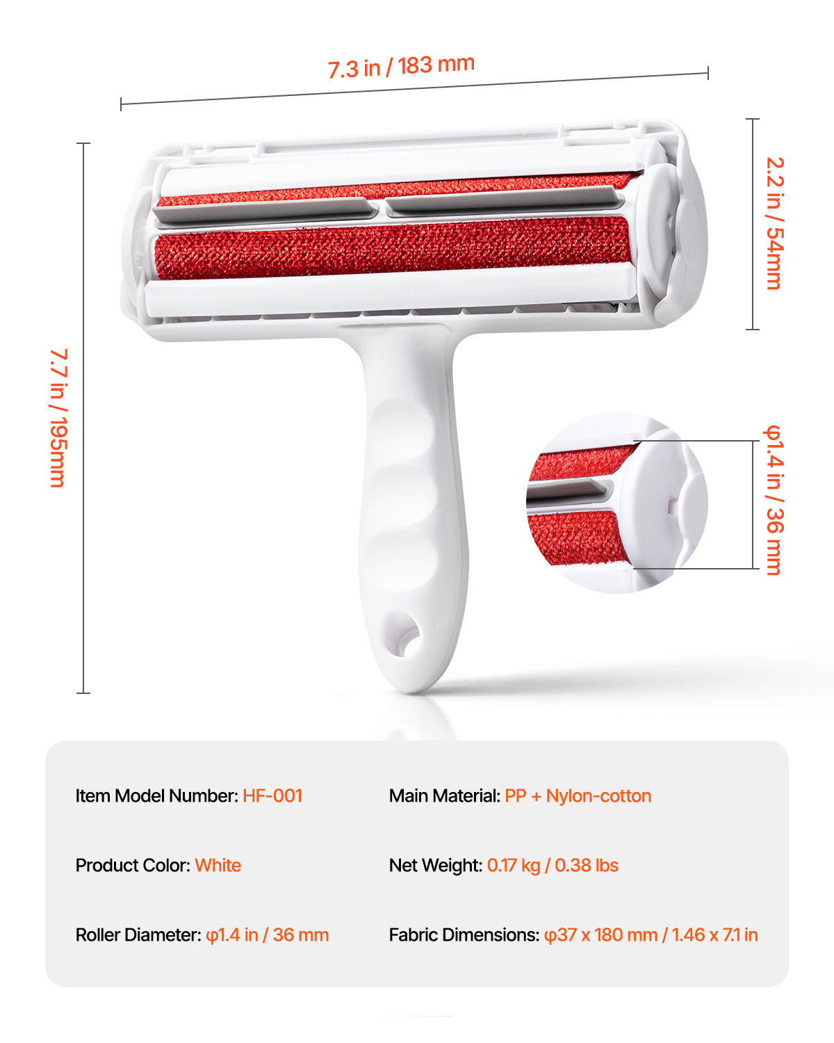 Pet hair remover with dimensions and specifications on a white background