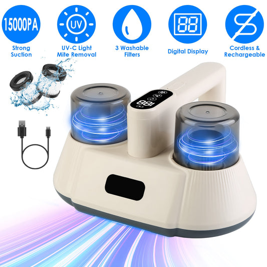 Portable air purifier with UV-C light and digital display on a white background