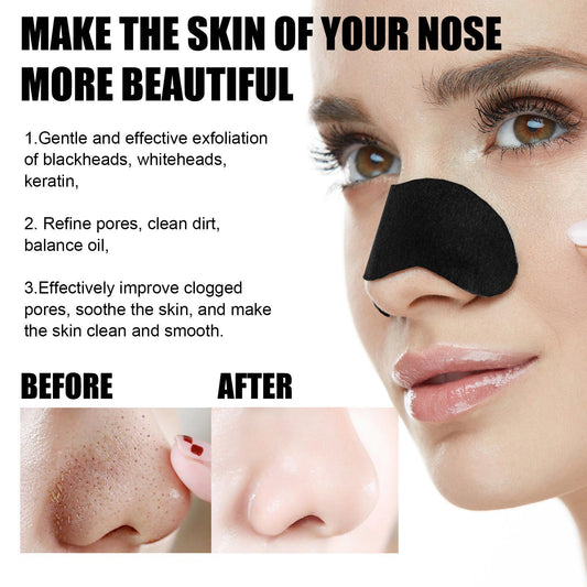 Product advertisement showing a nose mask with before and after effects on skin texture.
