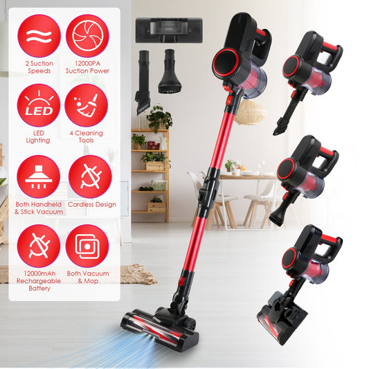 Red and black cordless vacuum cleaner with attachments and features on a white background