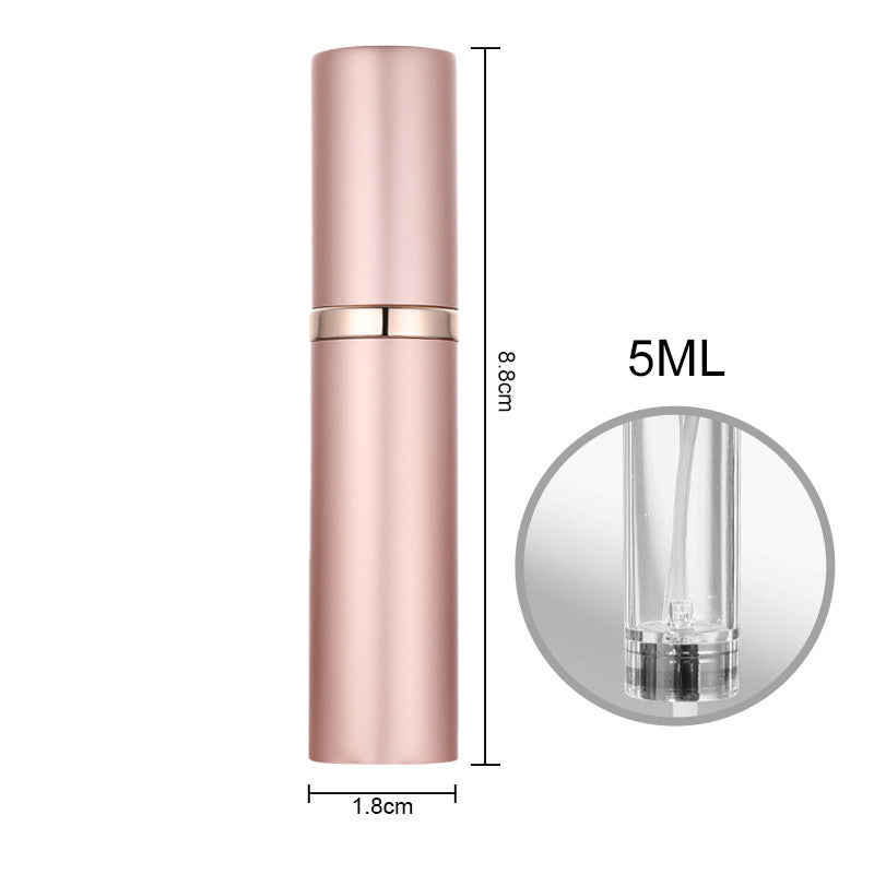 Rose gold cosmetic bottle with measurements on a white background