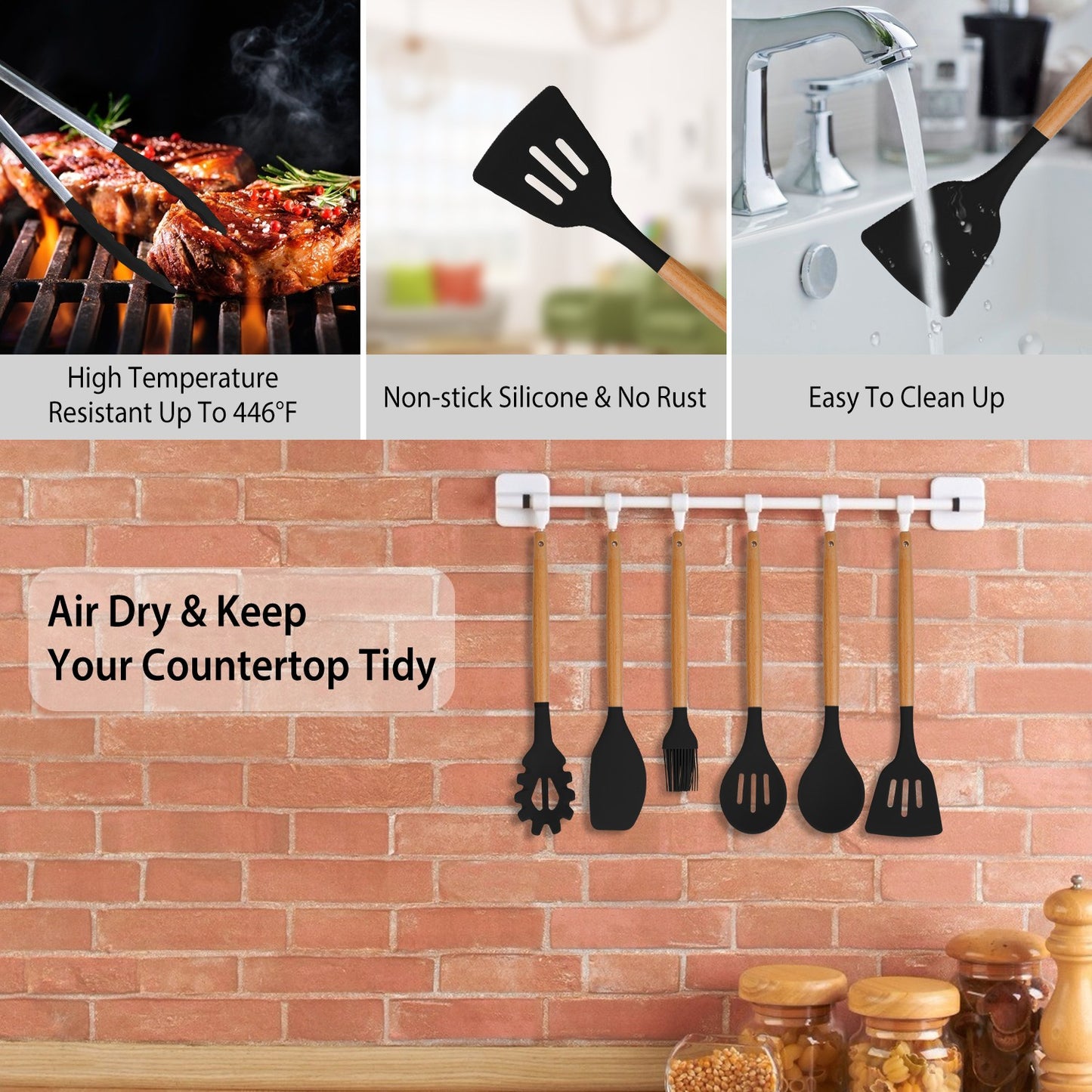 Set of black silicone spatulas with text highlighting features on a brick wall background.