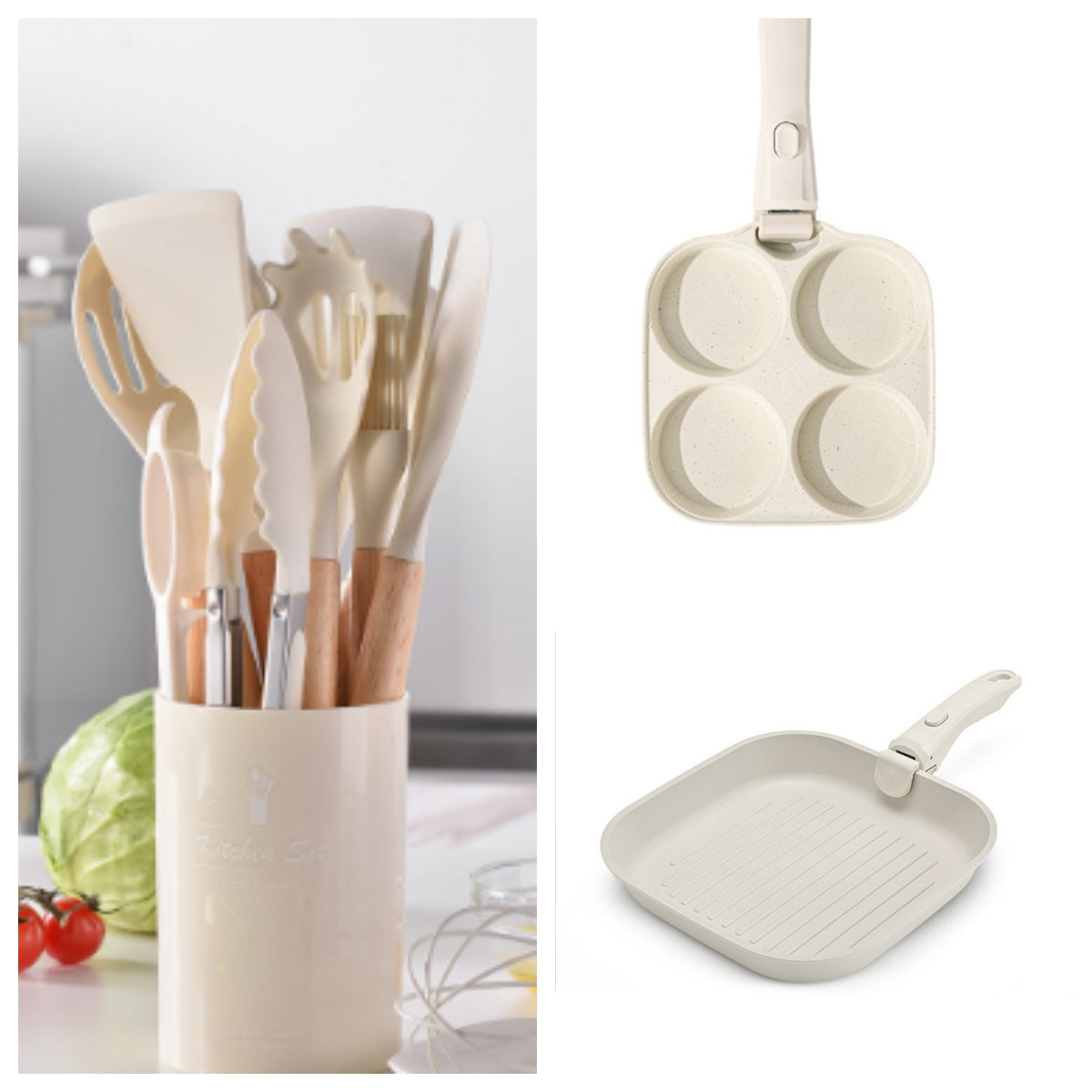 Set of kitchen utensils in a holder with two cookware items on a white background