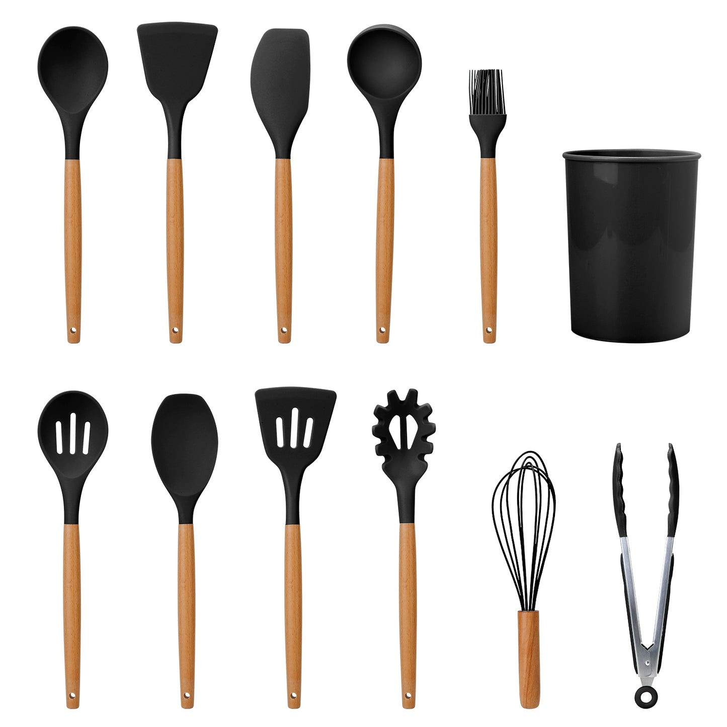 Set of kitchen utensils with black and wooden handles on a white background